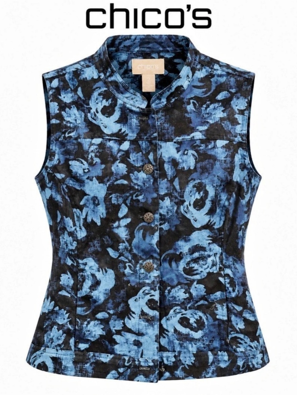 Chico’s Blue Black Abstract Floral Button Front Art to Wear Vest